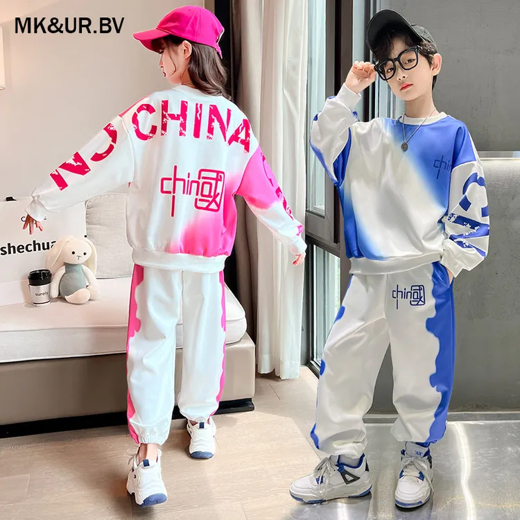 MK&UR.BV女童秋装运动套装姐弟装渐变色中国卫衣时尚洋气炸街童装