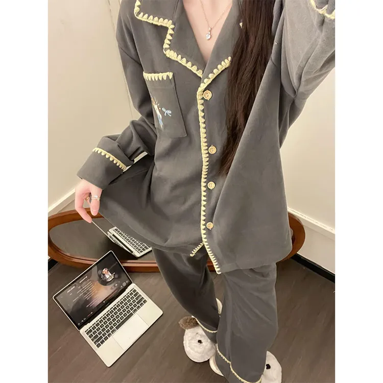 韩系复古简约德绒睡衣女秋冬季开衫保暖长袖长裤家居服可外穿套装