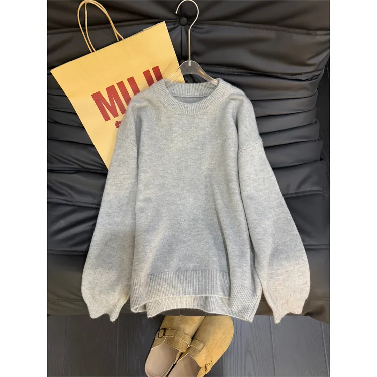 cleanfi浅灰色毛衣男秋季高级感圆领内搭打底衫宽松慵懒风针织衫