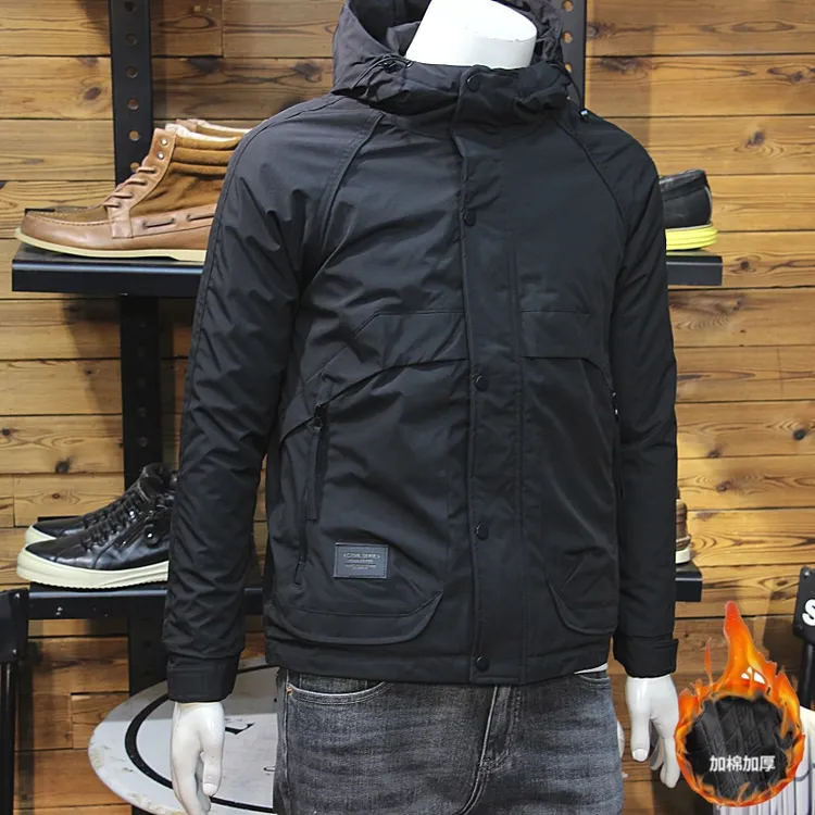 欧洲站连帽拼接拉链口袋棉服男士休闲简约秋冬装青年修身棉衣夹克