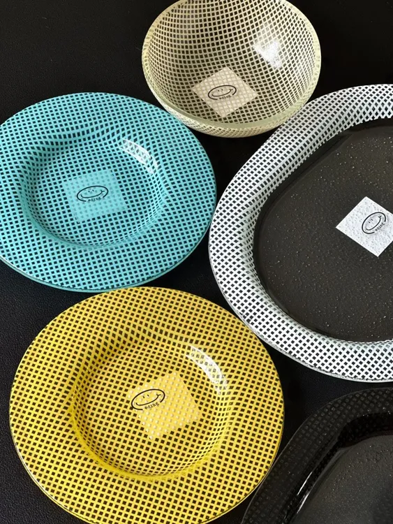 韩国正品EDING玻璃系列彩色方格水果盘点心甜品盘异形盘椭圆盘