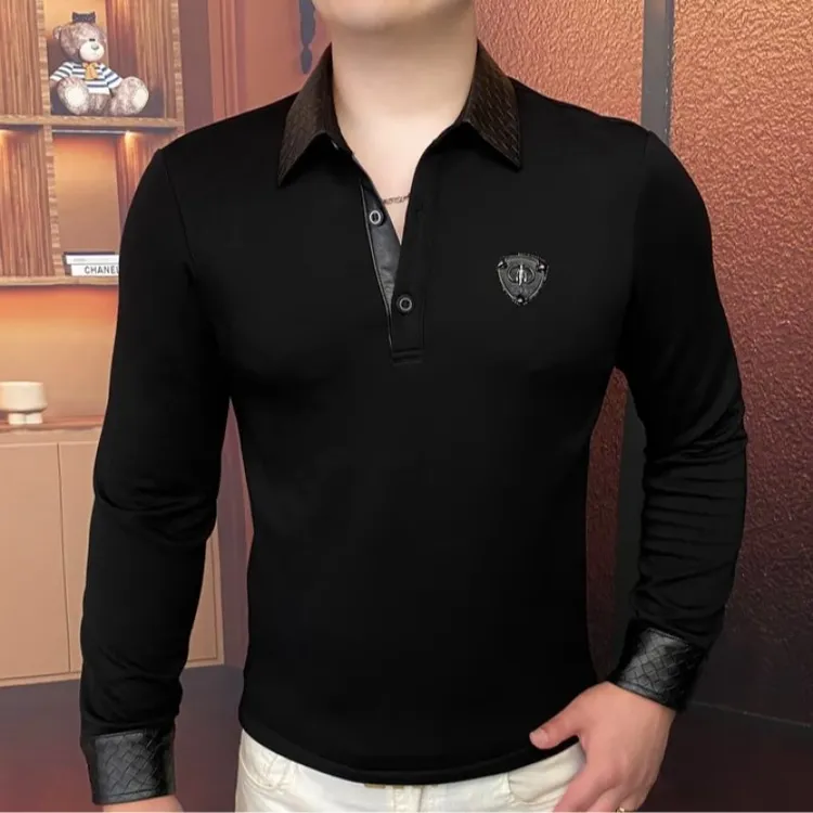 男士秋季欧货高档轻奢翻领拼接卫衣弹力修身百搭POLO衫帅气上衣潮