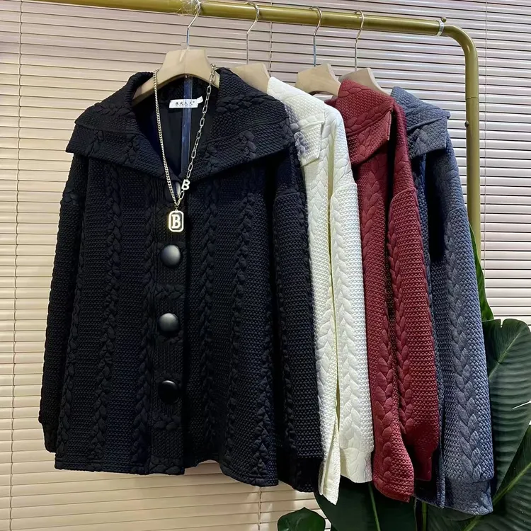 R胖mm欧货时尚新款简约翻领大纽扣宽松百搭开衫