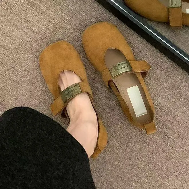 复古百搭平底绒面玛丽珍鞋女鞋2025春秋新款红色婚鞋浅口软底单鞋