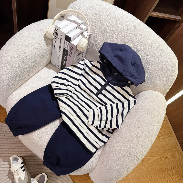 【奶油威化】春季新款男童日韩纯棉显瘦条纹撞色连帽卫衣套装百搭潮