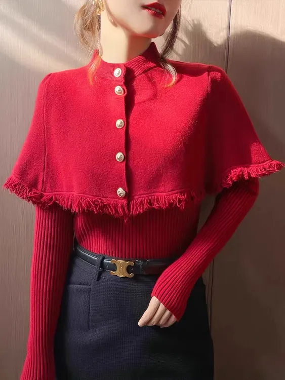 流苏斗篷披肩毛衣两件套2026年新款软糯风上衣长袖针织外套I6-51