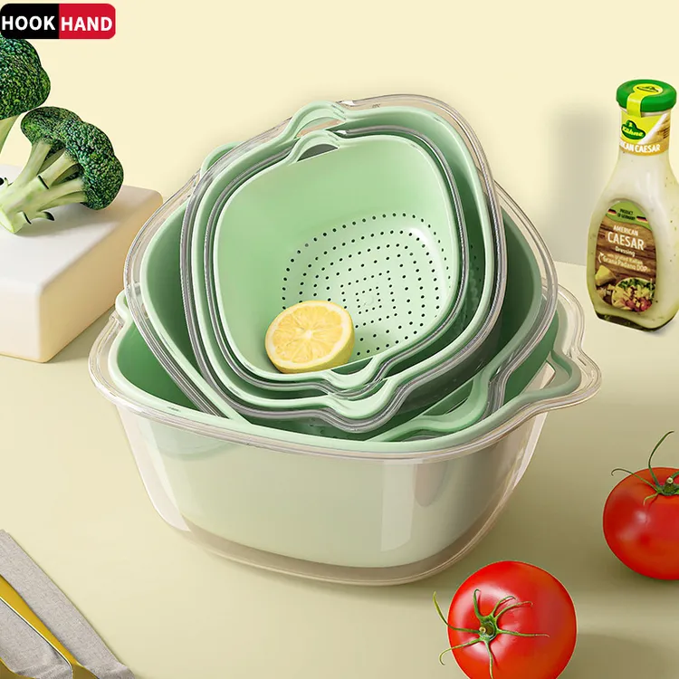 双层洗菜盆沥水篮八件套厨房客厅家用洗水果盘简约塑料淘菜菜篮子