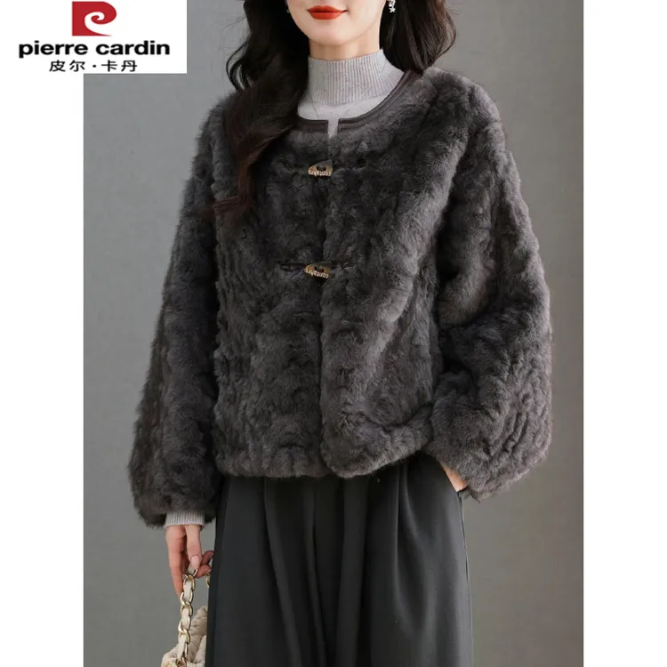 皮尔卡丹水貂绒皮草大衣外套女开衫圆领短款高腰小个子