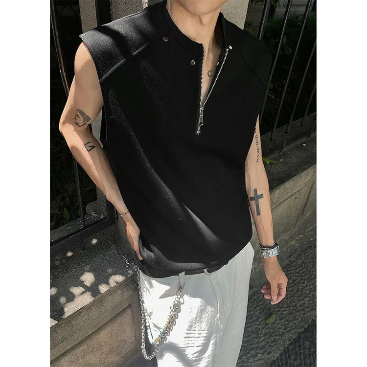 夏季半拉链背心痞帅设计重工美运动男士健身休闲百搭潮流宽松无袖