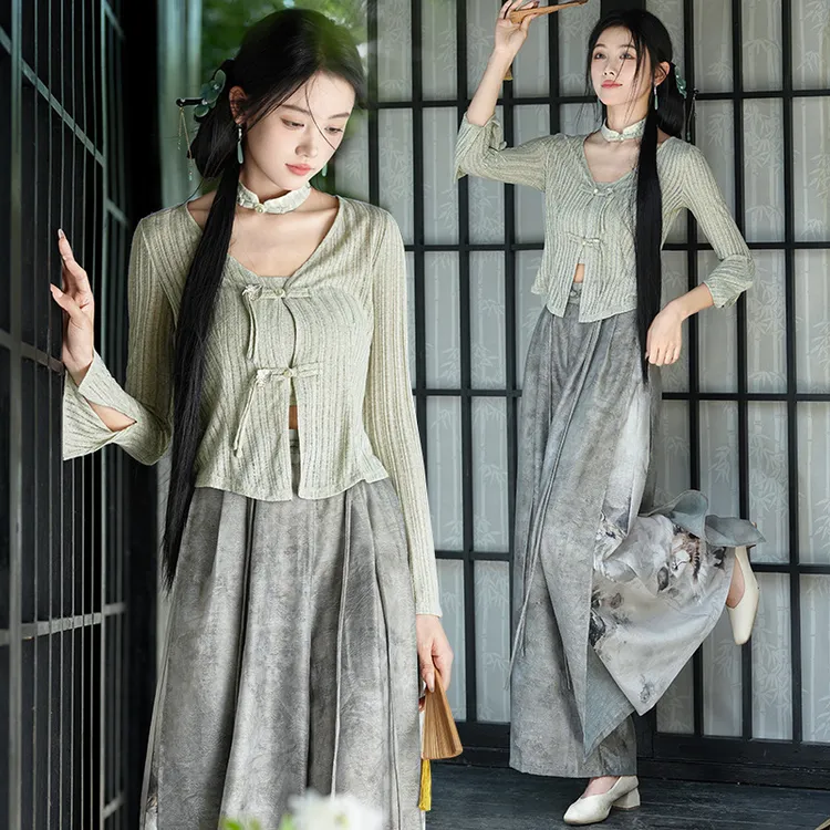 好质量中式国潮V领开衫吊带盘扣七分袖三件套水墨印花裙裤女套装