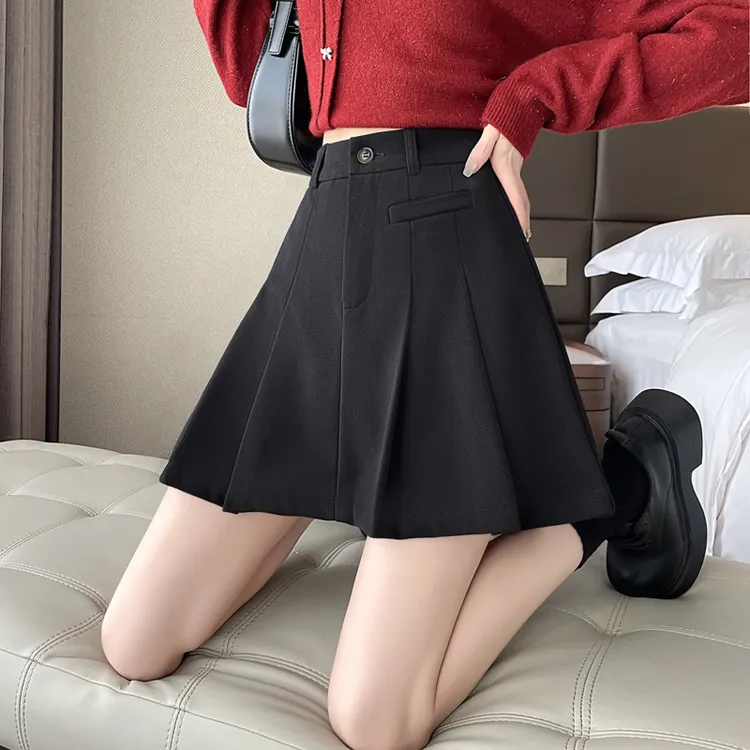 防走光毛呢半身裙女2025年秋冬新款高腰显瘦大码小个子A字百褶裙
