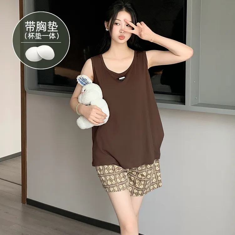 夏季薄款睡衣女带胸垫一体冰丝凉感背心短裤家居服套装休闲可外穿