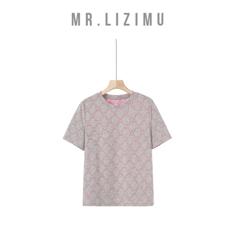 圆领菱格拼色洋气T恤2025新款夏季宽松短袖t恤小众女装