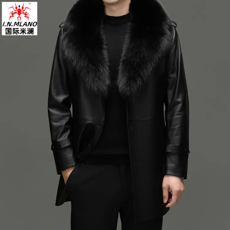 海宁头层牛皮皮衣中年男士真皮外套中长款加绒加厚大毛领新款男款