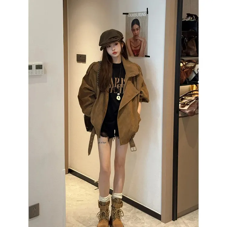 复古美拉德机车服外套女秋季新款休闲宽松翻领廓形感工装夹克上衣