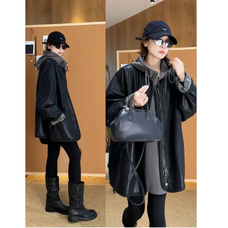 YYOUHAN 2025新款小众设计极简腰果花女士圆领皮衣外套 2509C5472