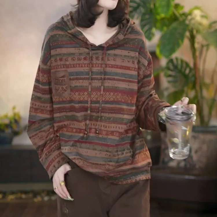 法式复古印花长袖连帽卫衣女2025秋季新款洋气宽松休闲显瘦上衣潮