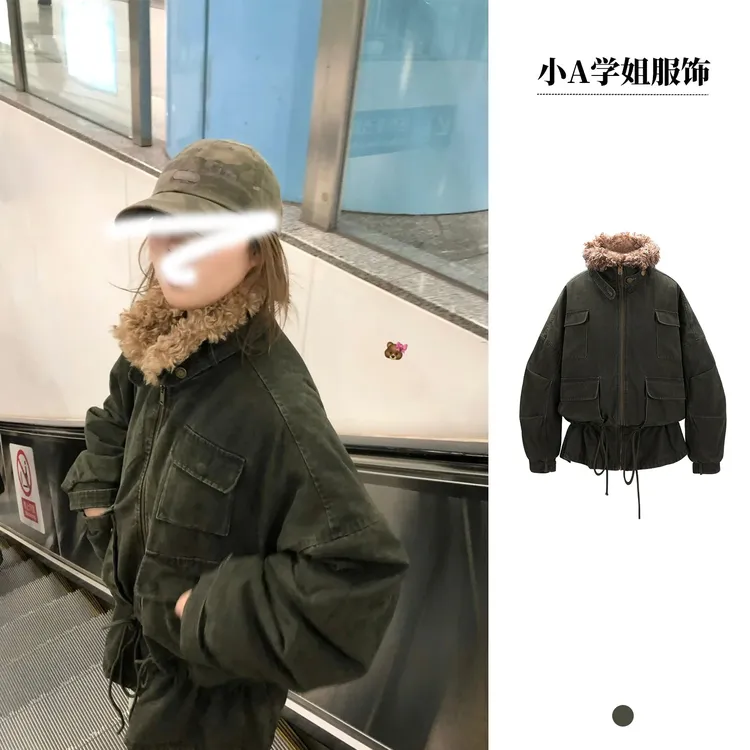 复古水洗做旧下摆抽绳花苞夹克收腰修身外套工装棉服女冬季韩版