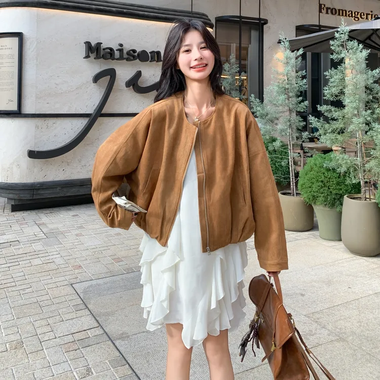 设计感短款鹿皮绒外套时尚气质常规纯色女士秋季女百搭休闲