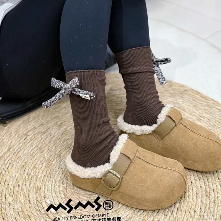 玛莎玛索80-672厚底勃啃包头款皮带扣复古保暖包头拖加绒百搭