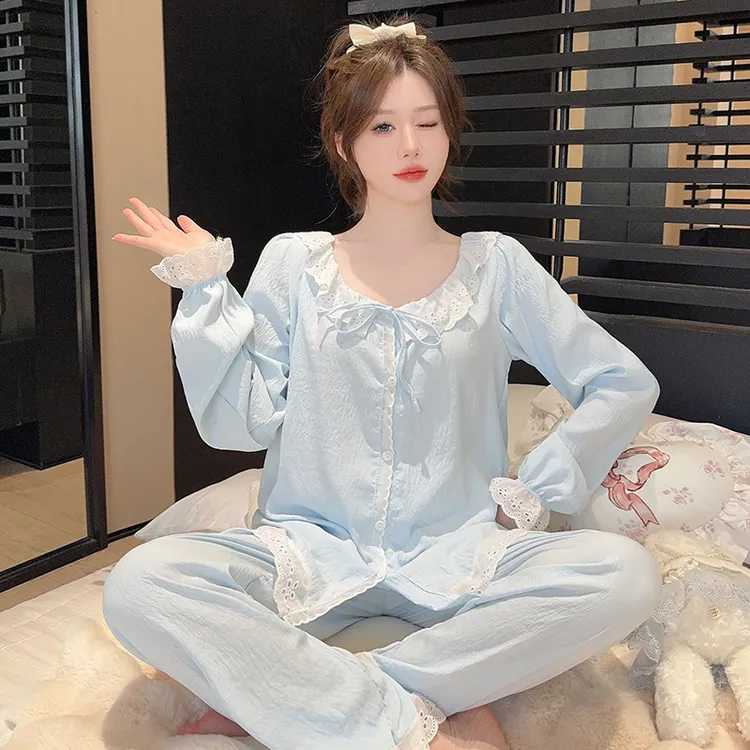 睡衣女春秋季韩系公主风2026新款开衫高级感蓝色长袖长裤蕾丝套装