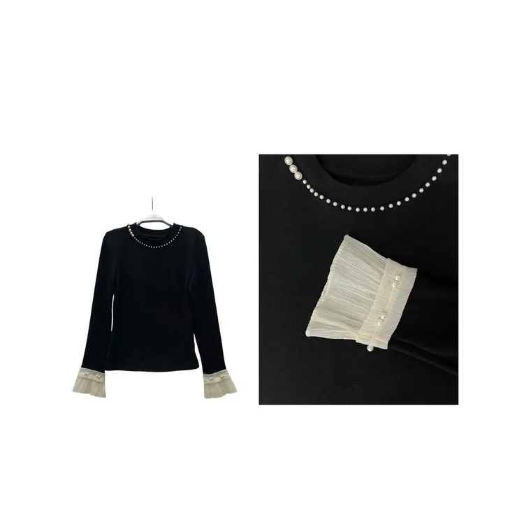 2501冬季时尚打底衫2025年新款厚款长袖黑色花瓣袖打底T恤上衣