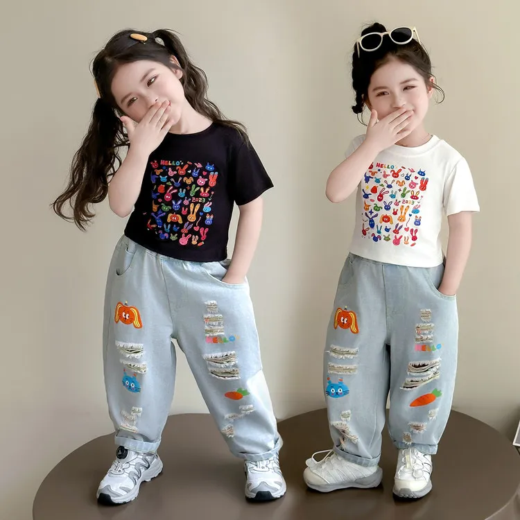 套装潮酷夏季卡通动漫女童中小童儿童洋气休闲薄款宽松印花韩版