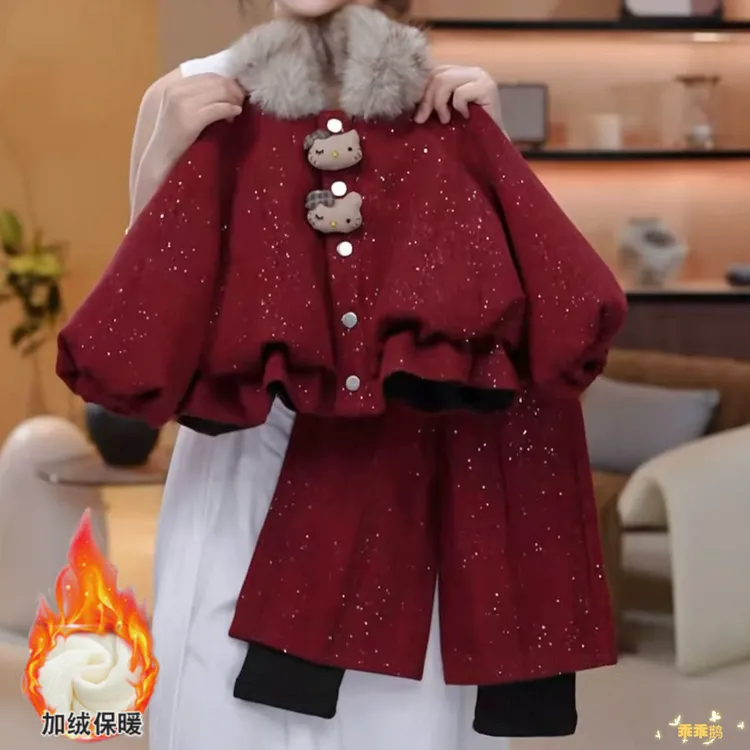 女童加绒加厚款毛呢套装2025新款冬儿童中保暖翻领洋气套装拜年服
