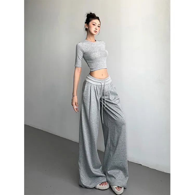 灰色运动卫裤女春秋2025新款夏季美式休闲低腰直筒宽松阔腿裤子