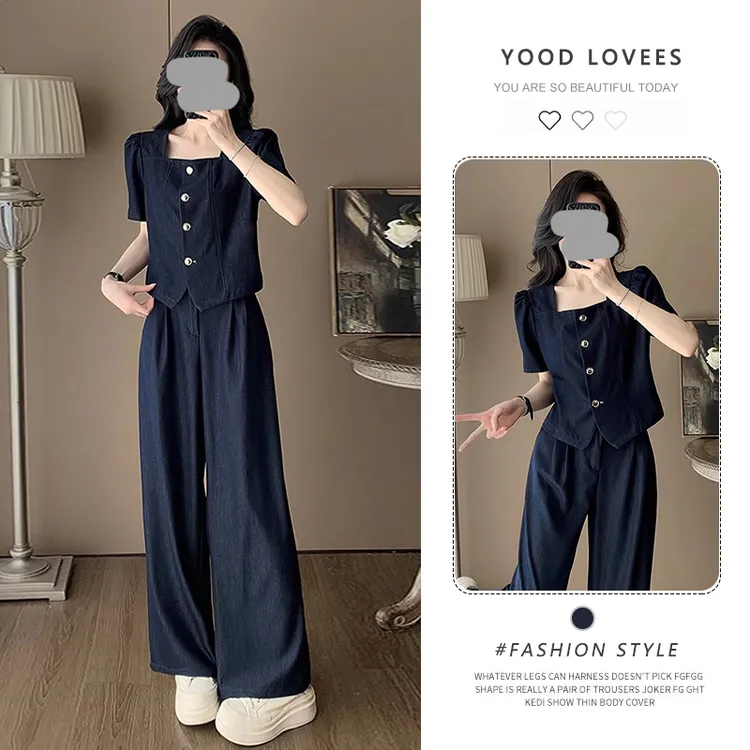 2025夏季穿搭一整套新款时尚休闲套装女显高显瘦高级感阔腿裤两件