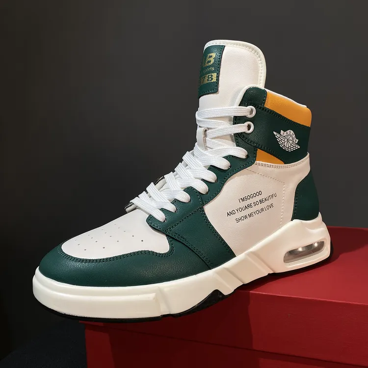 高帮鞋真皮高级感运动时尚百搭中帮发型师板鞋气垫厚底增高男鞋