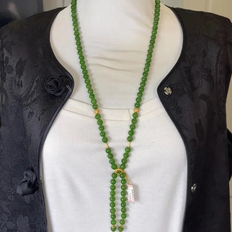猴教授珠宝纯天然和田碧玉俄料辣阳绿108颗珠链8mm毛衣链