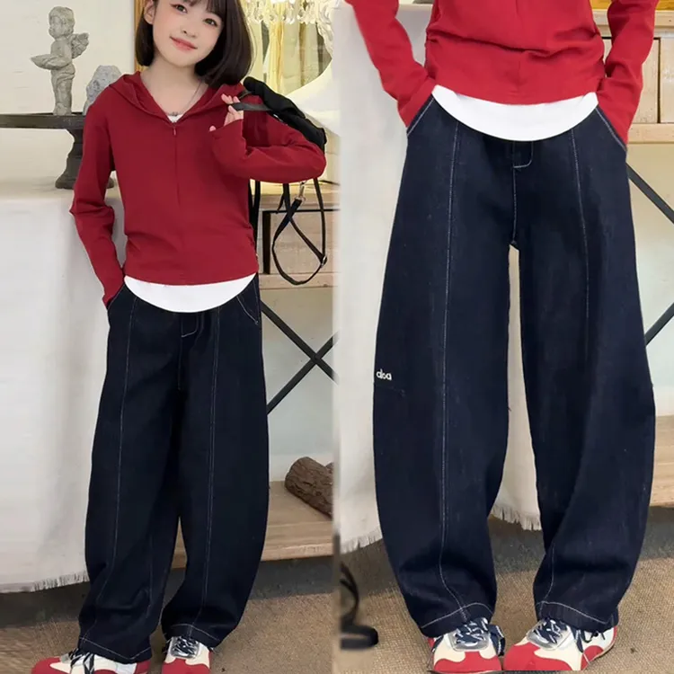 女童弯刀牛仔裤2025春秋假两件卫衣套装时尚直筒阔腿裤两件套帽衫