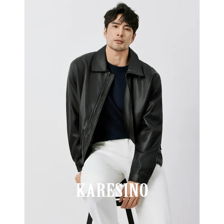 KARESINO美式休闲痞帅机车皮衣外套男秋季男士翻领黑色短款皮夹克