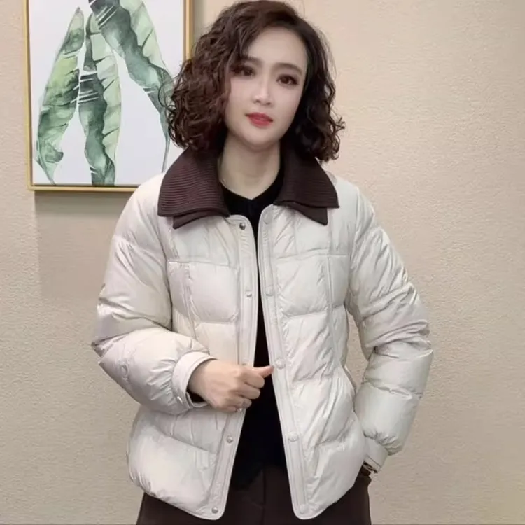 羽绒棉服女2025冬季新款时髦针织拼接翻领加厚保暖短款棉袄外套潮