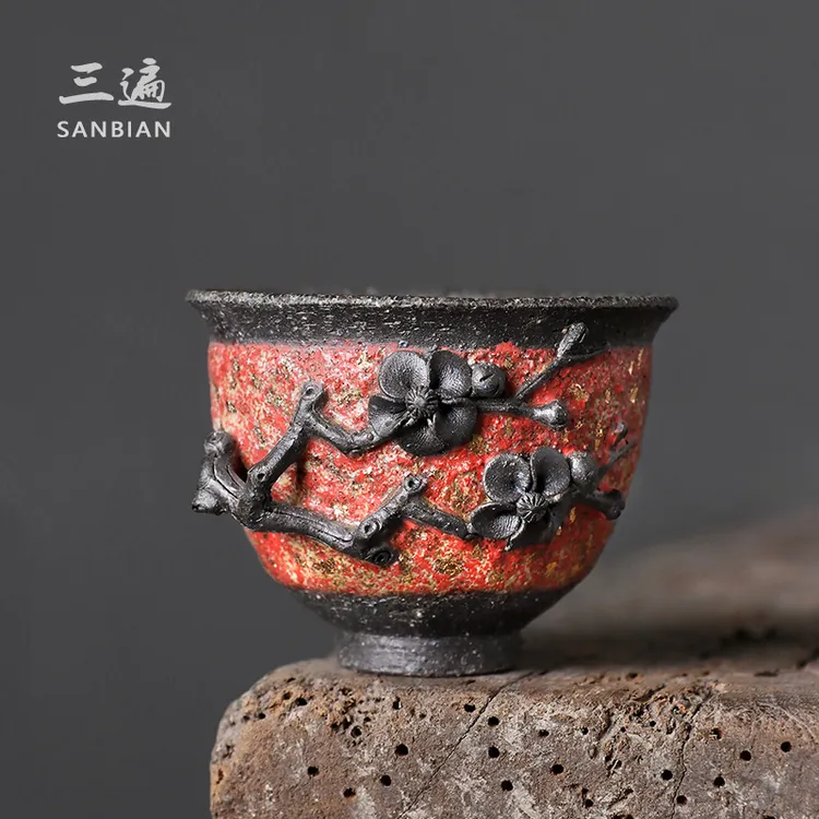 日式陶瓷汝窑柴烧梅花杯岩矿茶杯冰裂纹高越茶具主人杯侘寂风单杯