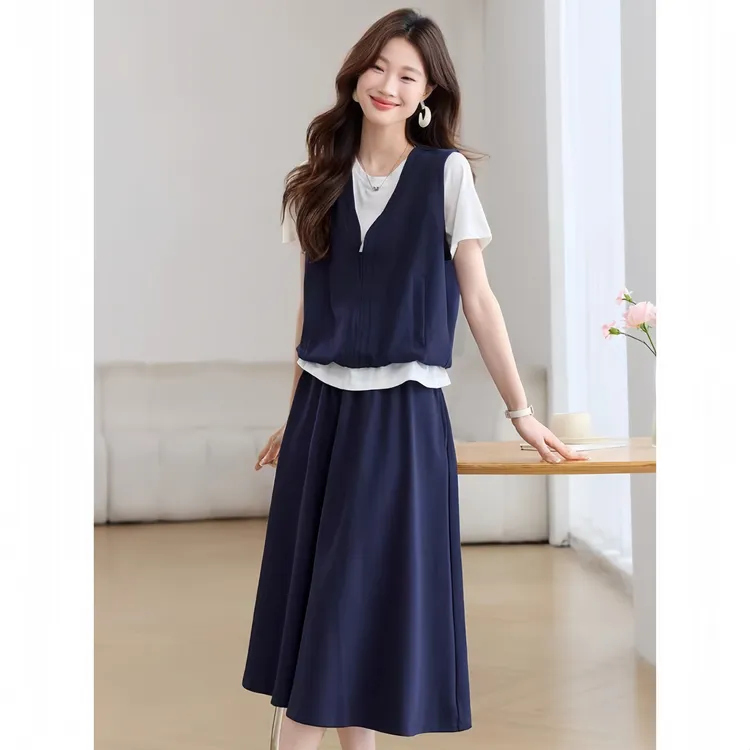 棉质舒适休闲假两件上衣半身裙套装女2025夏季减龄洋气超火两件套