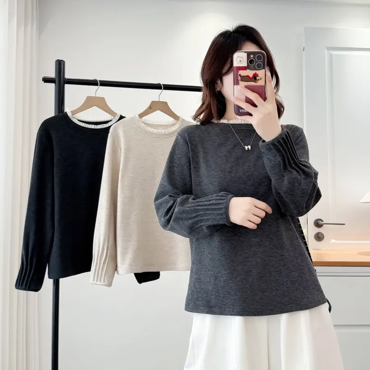 100-200斤大码女装秋冬时尚蕾丝加厚保暖显瘦圆领长袖打底衫2073