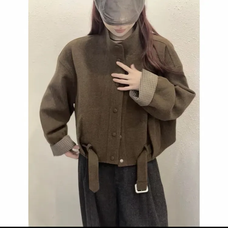 韩系立领短款毛呢格纹翻袖外套女秋冬宽松百搭显瘦潮款针织时尚