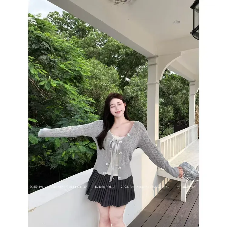 【反转芭蕾】温与柔青春减龄学院活力蝴蝶结蕾丝吊带开衫套装
