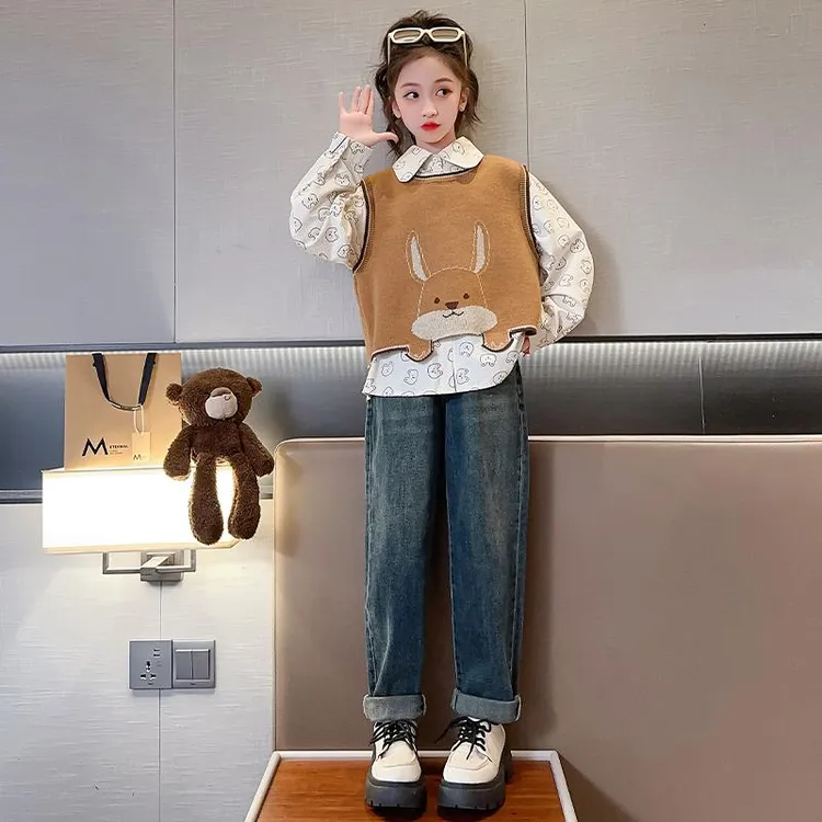 裤子套装春秋款2024新款洋气大童儿童秋装时髦毛衣马甲三件套