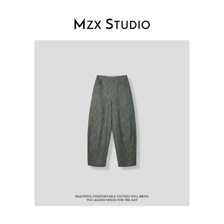 MZX 夏季肌理感方格撞色休闲弯刀裤长裤裤子KZ8209-S
