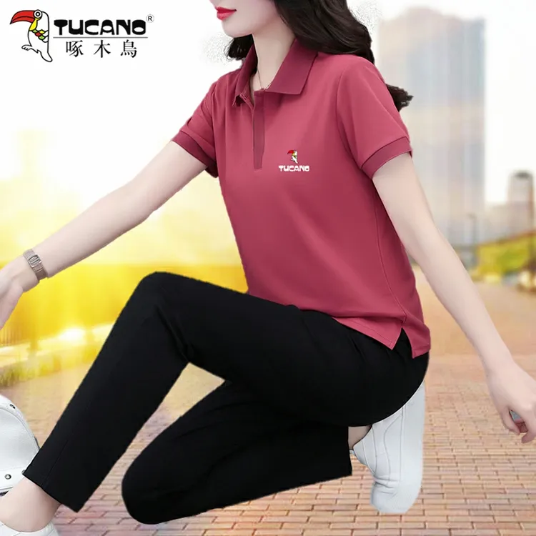 啄木鸟薄款运动套装女2025年新款妈妈装时尚夏装休闲服短袖两件套