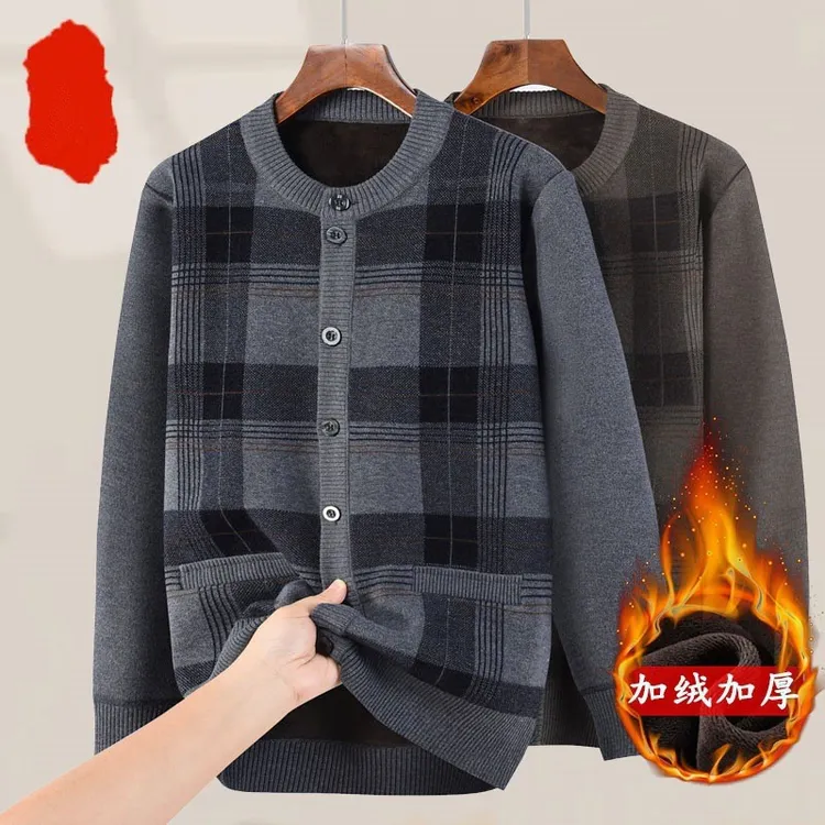 前开扣保暖上衣男加厚爸爸开衫衣服冬季老人对门绒衣系扣毛衣开口