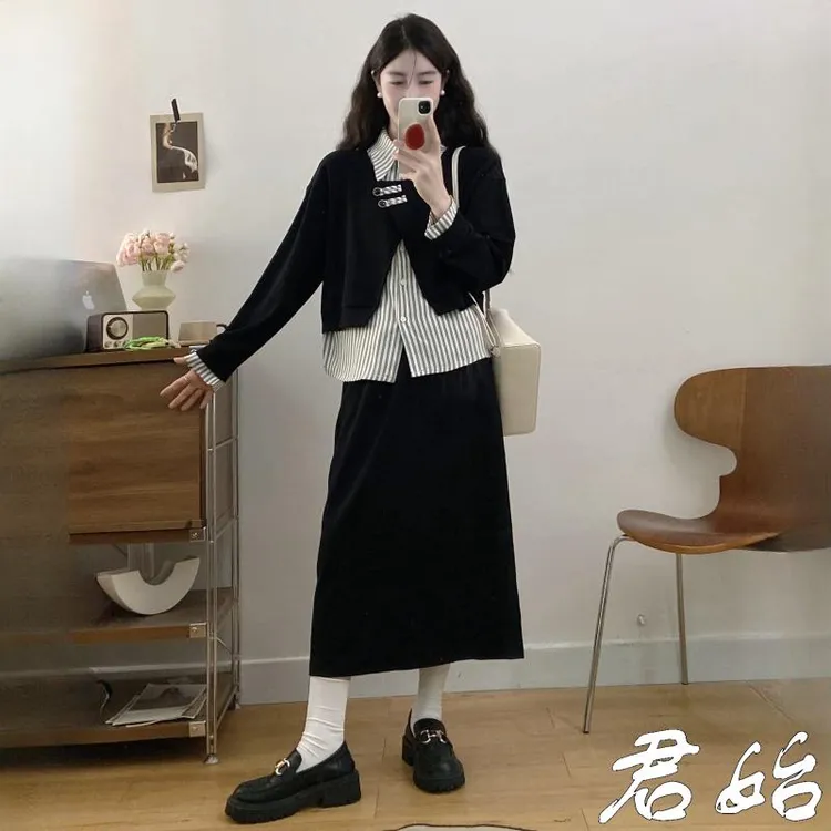 大码微胖mm衬衫拼接假两件卫衣半身裙套装秋装女款爆款2025新款