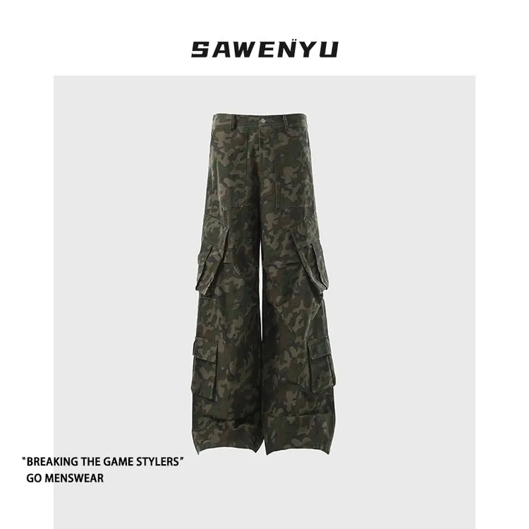 SAWENYU 美式复古水洗设计感男女迷彩工装裤直筒多口袋阔腿伞兵裤