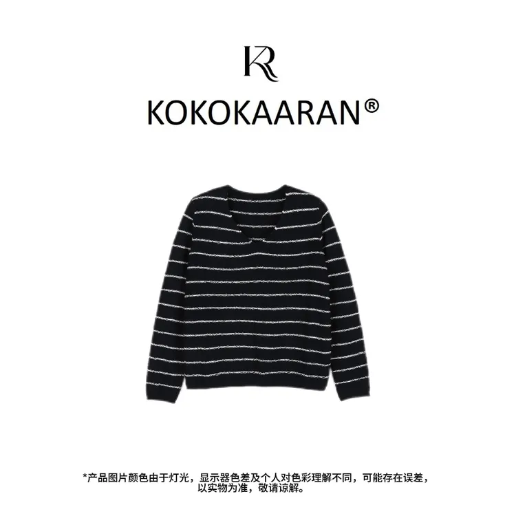 kokokaaran/可可咔伦早秋新品复古条纹V领宽松女士针织衫SH250635