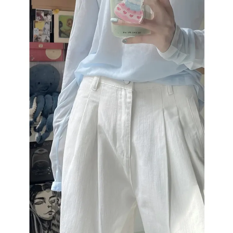 白色肌理感阔腿裤牛仔裤女2025夏季新款爆款高腰显瘦褶皱拖地裤