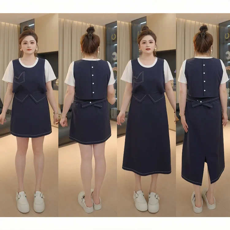 【胖佳佳】现货~视觉小偷 夏季假两件短袖上衣半裙两件套H625A08521