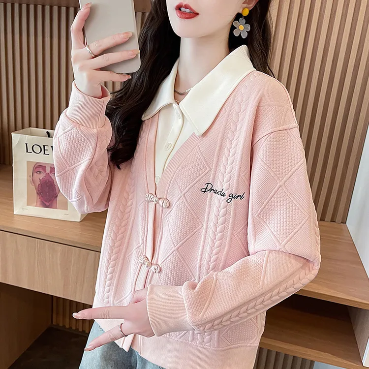 可拆卸纽扣polo领卫衣女2025新款春秋韩版宽松薄款假两件上衣外套